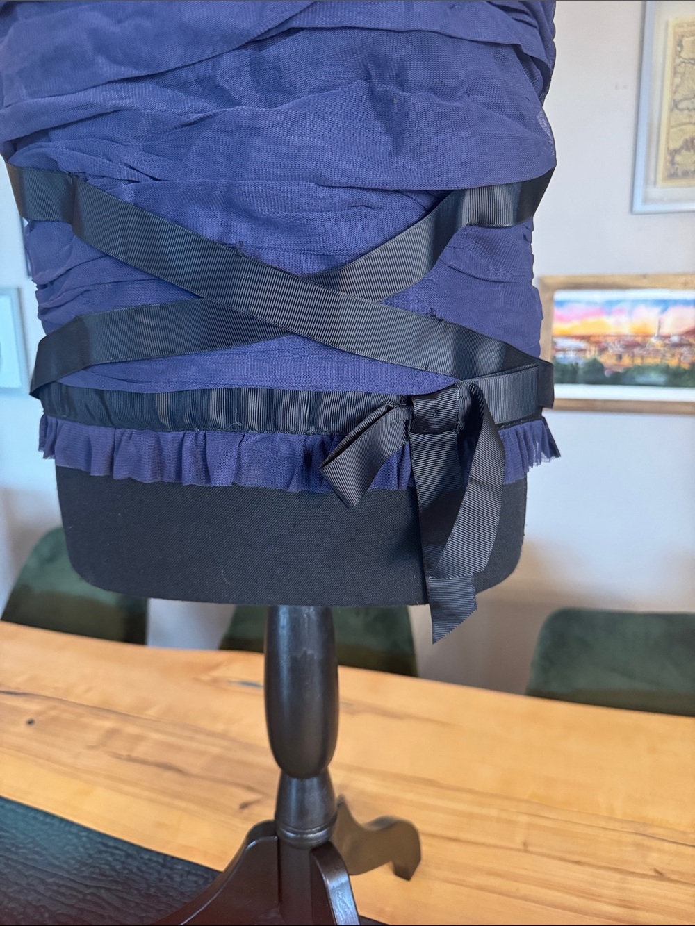Navy Ruffled Evening Top with Satin Ribbon - Picture 2 of 4
